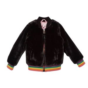 Design history rainbow trim faux fur coat